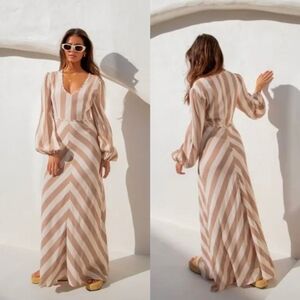 Verge Girl Tan White Striped Flowy La Seine Long Sleeve Maxi Dress
